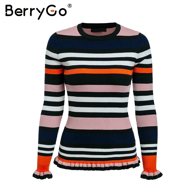 Женский вязаный джемпер в полоску BerryGo повседневный облегающий свитер с оборками
