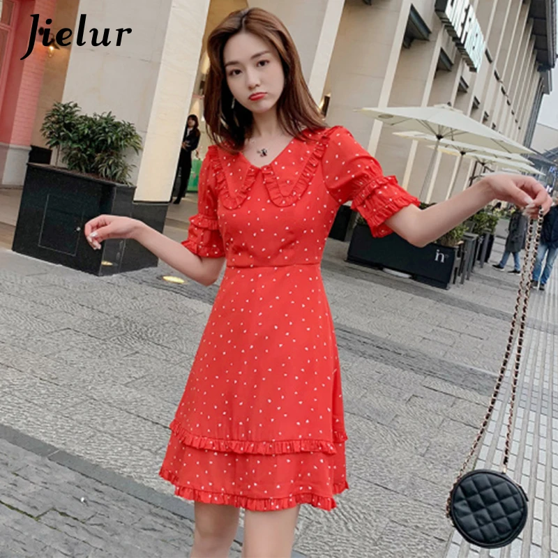 Jielur Summer Dress Women New Elegant Slim Casual Printed Peter Pan Collar Ruffles Flare Dresses Korean Style Vintage Sukienki | Женская
