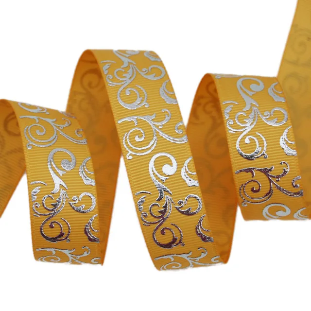 Orange Yellow 10 ярдов/партия) 22 мм серебро горячего тиснения grosgrain ленты подарок Свадебная лента roll - Цвет: Orange Yellow