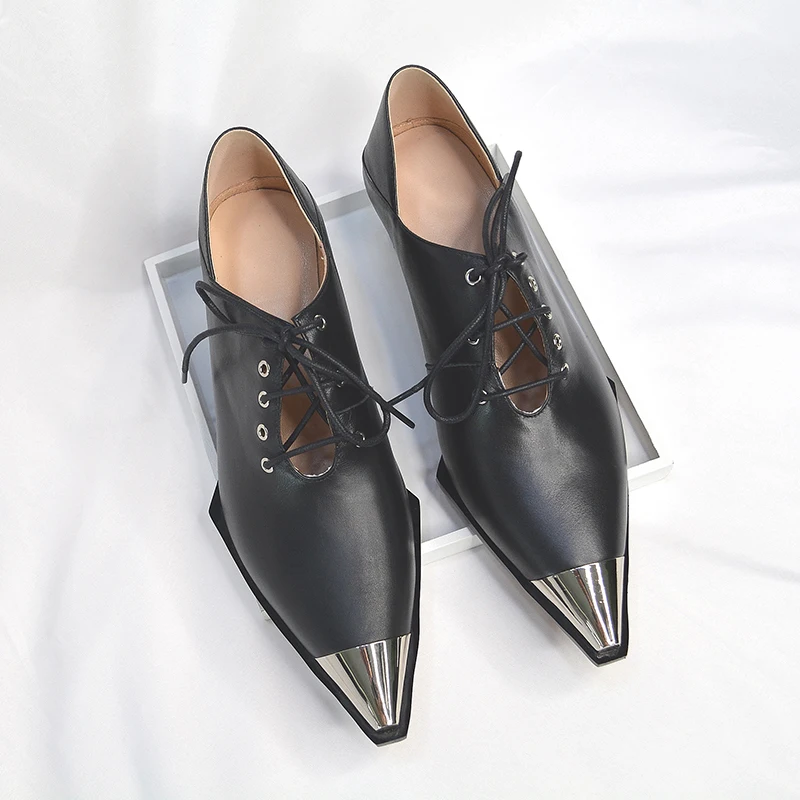 Black Cow Leather Женские туфли-лодочки повседневная обувь с металлическим носком женские модельные туфли из натуральной кожи на шнуровке в стиле панк вечерние Женская Офисная обувь на необычном каблуке - Цвет: Black Cow Leather