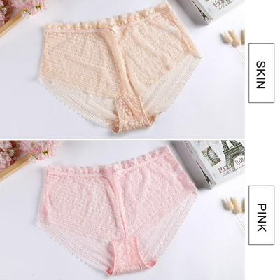 Skin Pink Кружевные трусики размера плюс, сексуальное женское нижнее белье с бантиком, прозрачные трусики с высокой талией, нижнее белье большого размера - Цвет: Skin Pink
