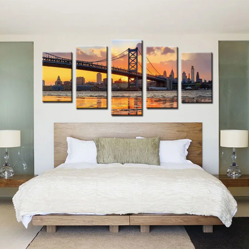 

Beautiful Sunset London Bridge Landscape Wall Art Modern Wall Poster Paintings Cityscape Canvas Prints 5 Panels Unframed Picture