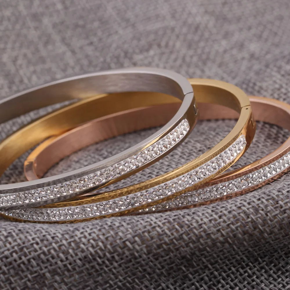 Скидки предложение ограничено Мода Armbanden Voor Vrouwen браслет-напульсник, высочайшего качества, два ряда со стразами Нержавеющая сталь любовь Браслеты& Браслеты для женщин