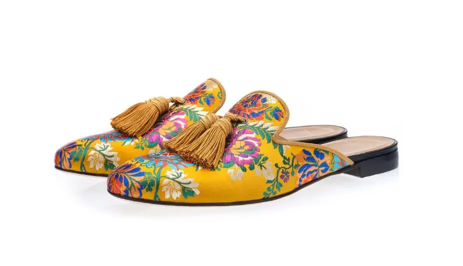 Men Mixed Color Floral Embroidered Fringe Half Slippers Slip on Mules Casual Shoes Flats Smoking | Обувь