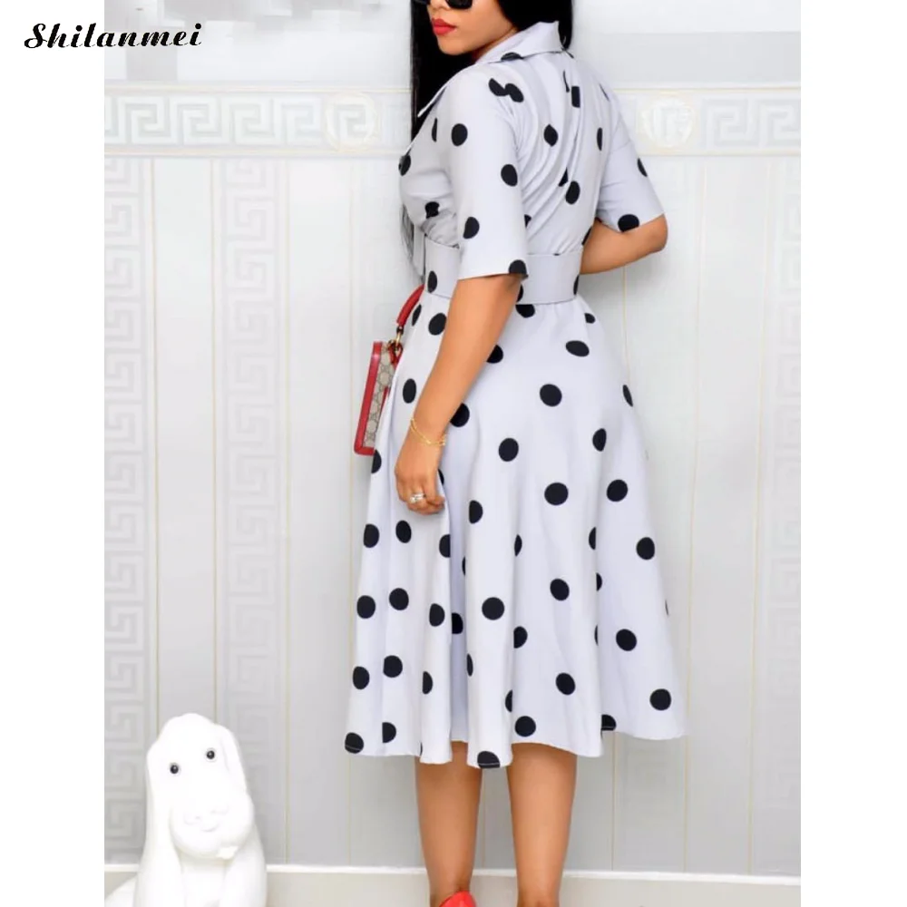 

2019 Summer Autumn Women Retro Polka Dot Belt Wear Plus Size Work Business Vestidos Office A-Line Swing Female Dress Suit