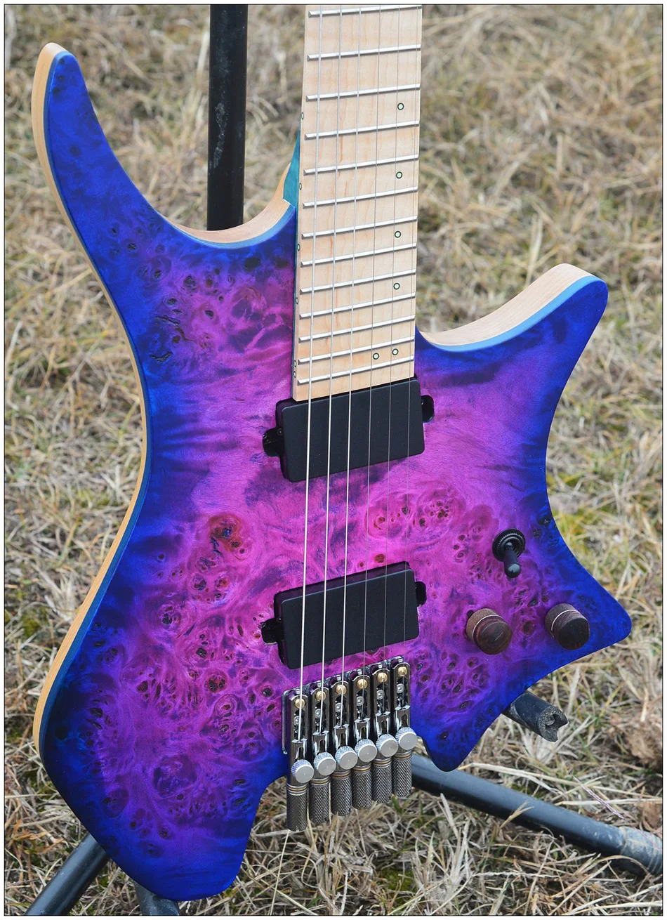 New NK Headless guitar Fanned Frets guitar Blue/Purple Color Eye Poplar top Flame maple Neck Eelectric Guitar free shipping