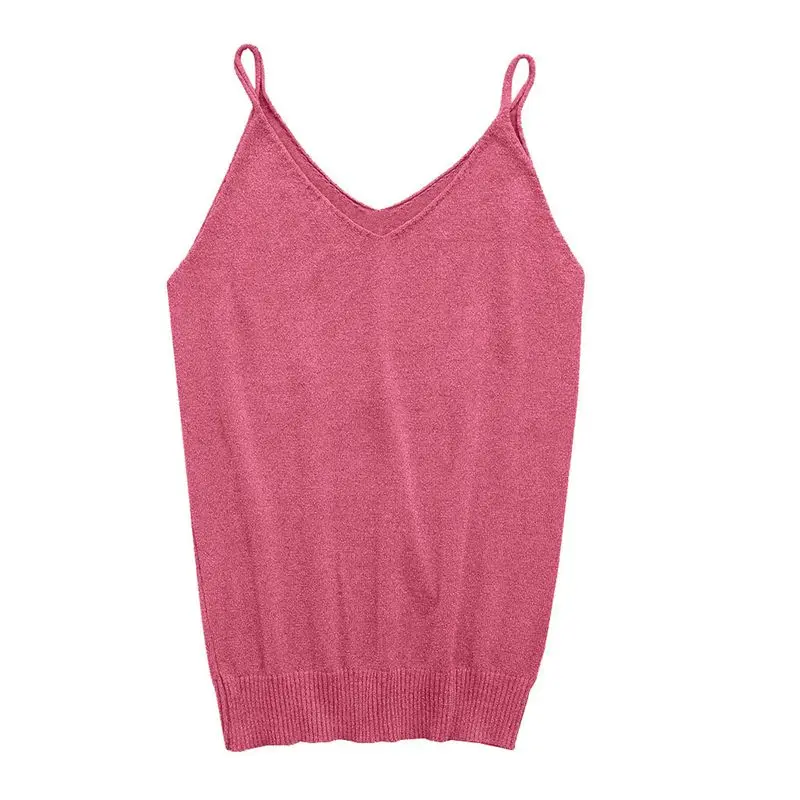 Hot pink Klv Блестящий вязаный женский камзол растягивающийся жилет с v-образным вырезом тонкий сексуальный топ на бретелях - Цвет: Hot pink