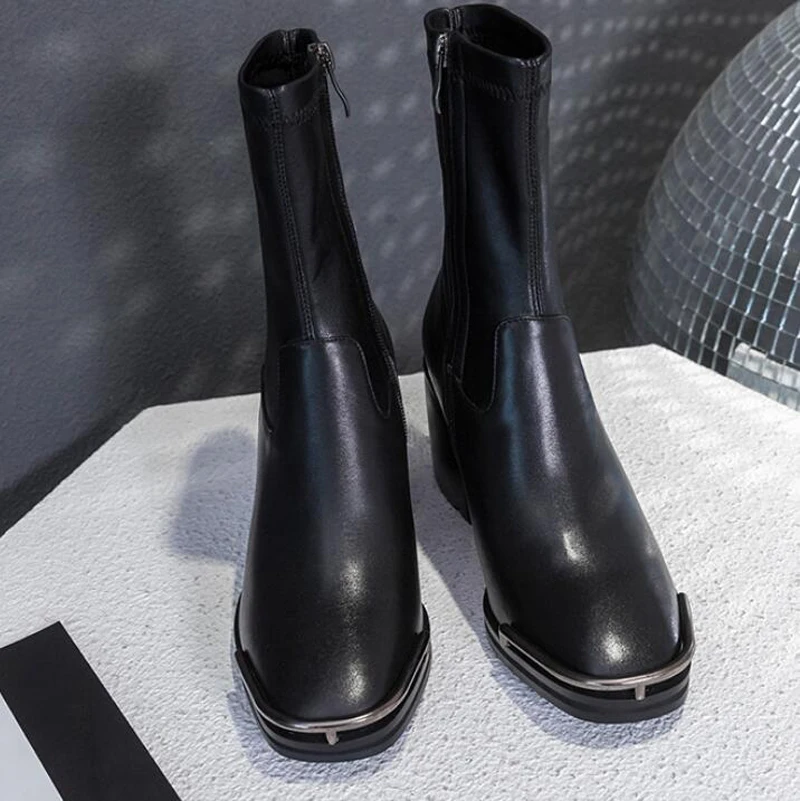 

Cow Leather Chunky Heel Boots 7cm Squared Heel Comfortable Elastic Calf-high Black Bota Handsome Short Martin Boots for Women