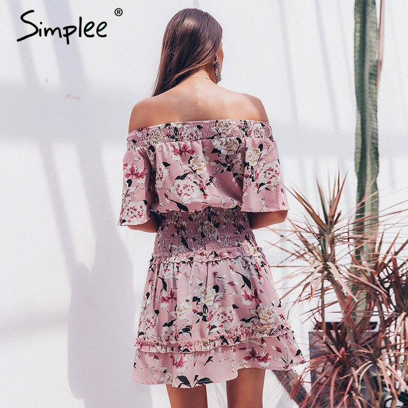 Женское летнее платье Simplee с открытыми плечами и со сборками 2019 короткое в стиле