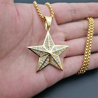 hip hip iced out bling star pendant necklace for menwomen gold color stainless steel pentagram necklace golden jewelry t1401