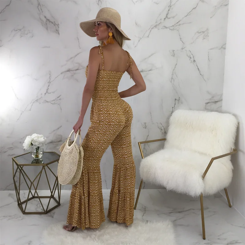 Boho Сексуальный Комбинезон с широкими штанинами женский комбинезон на бретельках