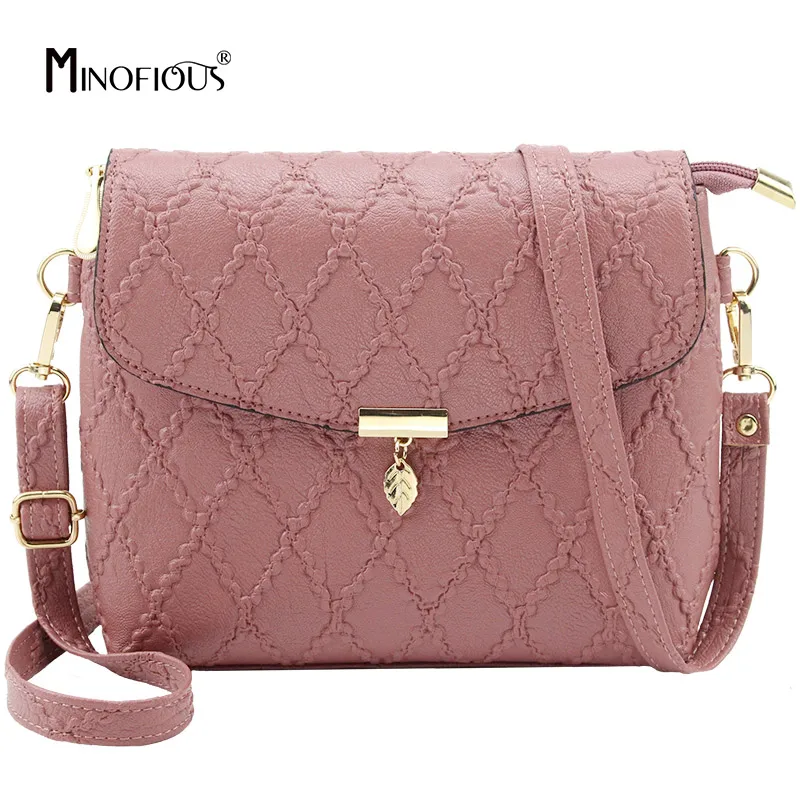 Pink MINOFIOUS Маленькая женская сумка-мессенджер с ромбовидной сеткой, модная повседневная сумка из искусственной кожи, сумки на плечо, Одноцветный клатч, мини-сумка через плечо - Цвет: Pink
