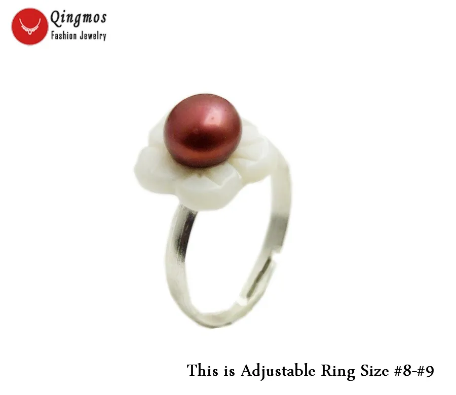 Qingmos Natural Red Pearl Ring for Women With White Shell Flower &amp 7-8mm Flat Opening Adjustable #8-#9 Jewelry rin41 | Украшения и