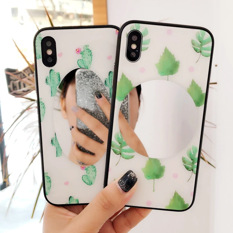 Coque for iPhone 7 7Plus Fashion Cactus Mirror Glass Case Cover Apple iPhone7 6 6s 8 Plus X 10 Hard Phone Women |