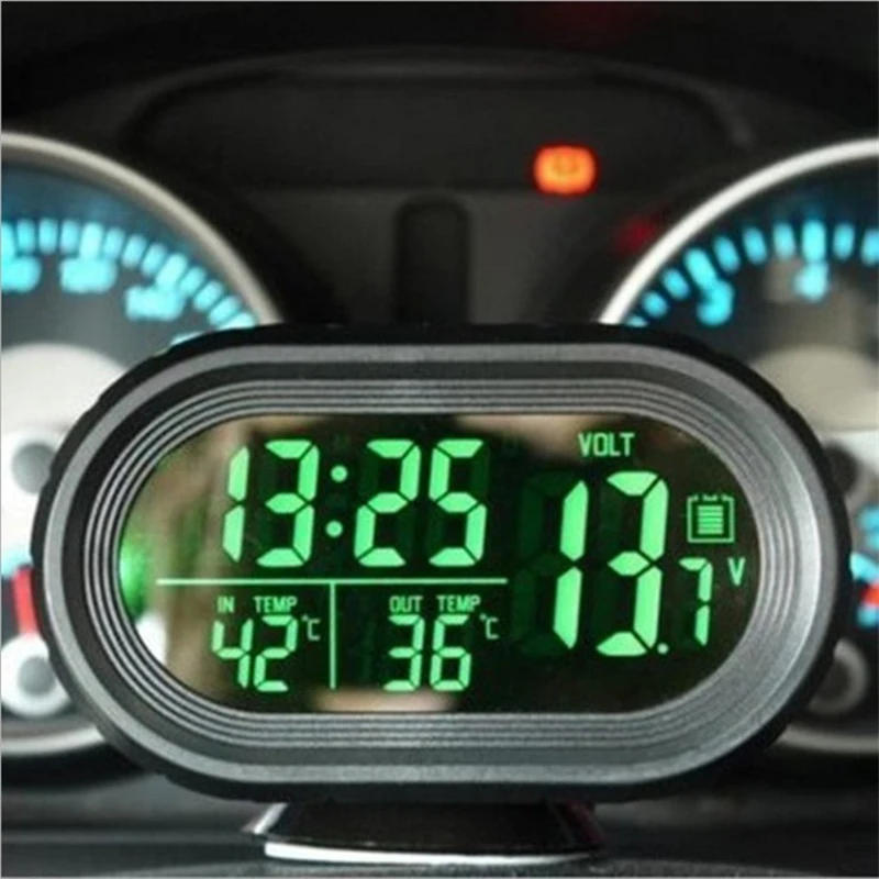 

Car Thermometer Digital Clock DC12-24V Automobile Clock LED Lighted Auto Dual Temperature Gauge Voltmeter Voltage Tester