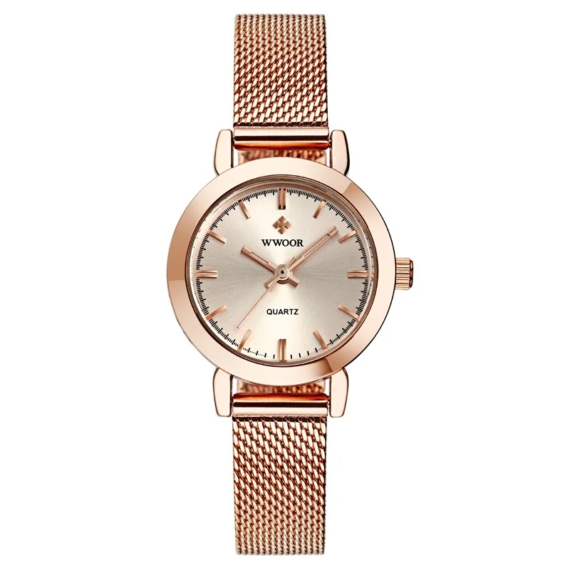 Новинка 2016 женские кварцевые часы WWOOR из нержавеющей стали розового золота