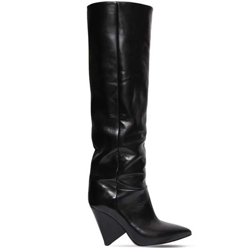 Black Mcacchi/Популярные однотонные Женские Сапоги выше колена из мягкой кожи на высоком каблуке с острым носком в европейском стиле; зимние женские сапоги до бедра - Цвет: Black