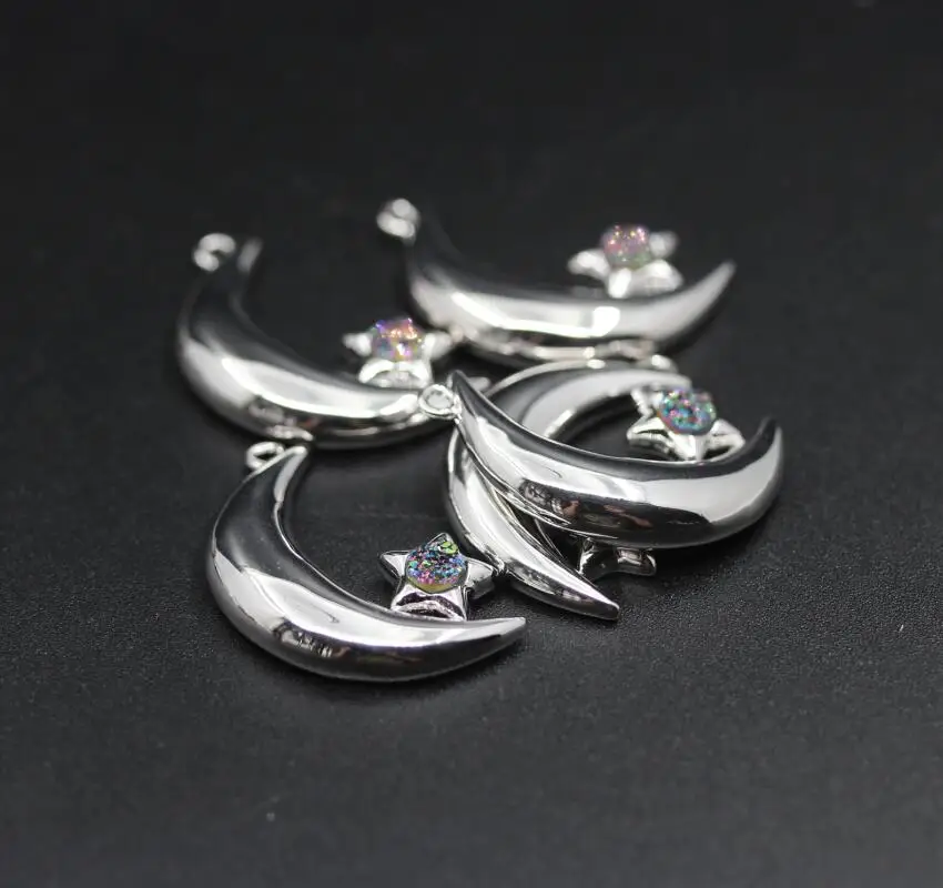 New!!! Crescent Moon&ampStars Inlay Rainbow Agates Druzy Round Beads Copper Plateds Silver Pendants Geode Quartz Drusy Charms | Украшения и