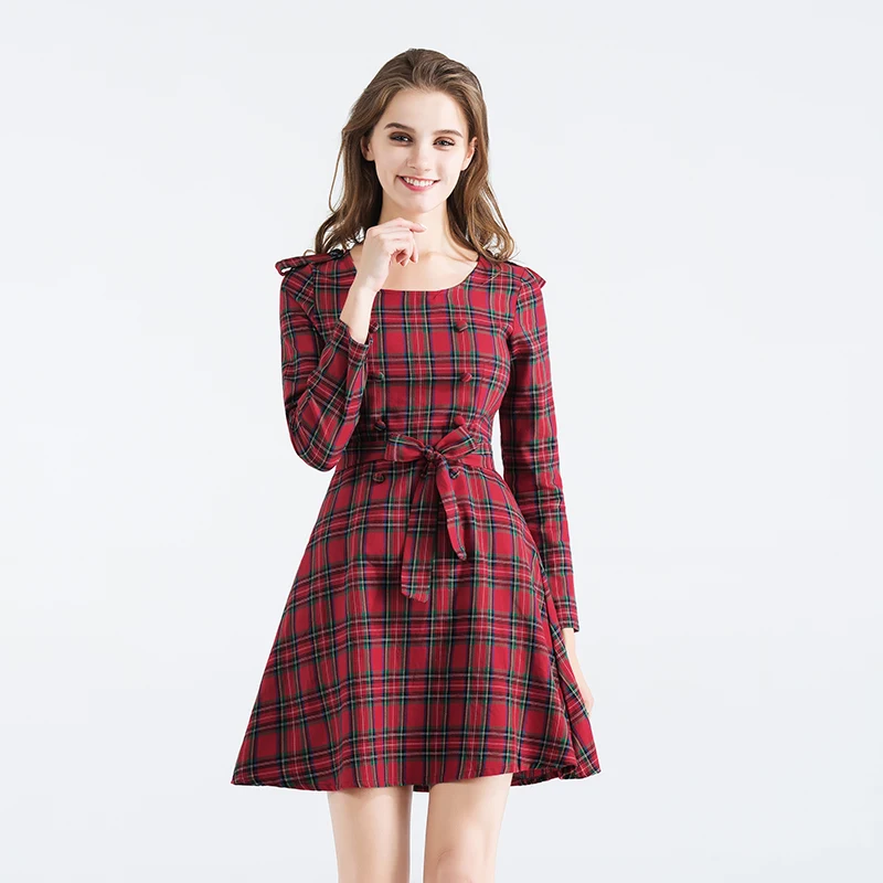 2017 Casual Dress Полоса Решетки Вокруг Шеи длинным Рукавом Талии Чтобы Показать Тонкие