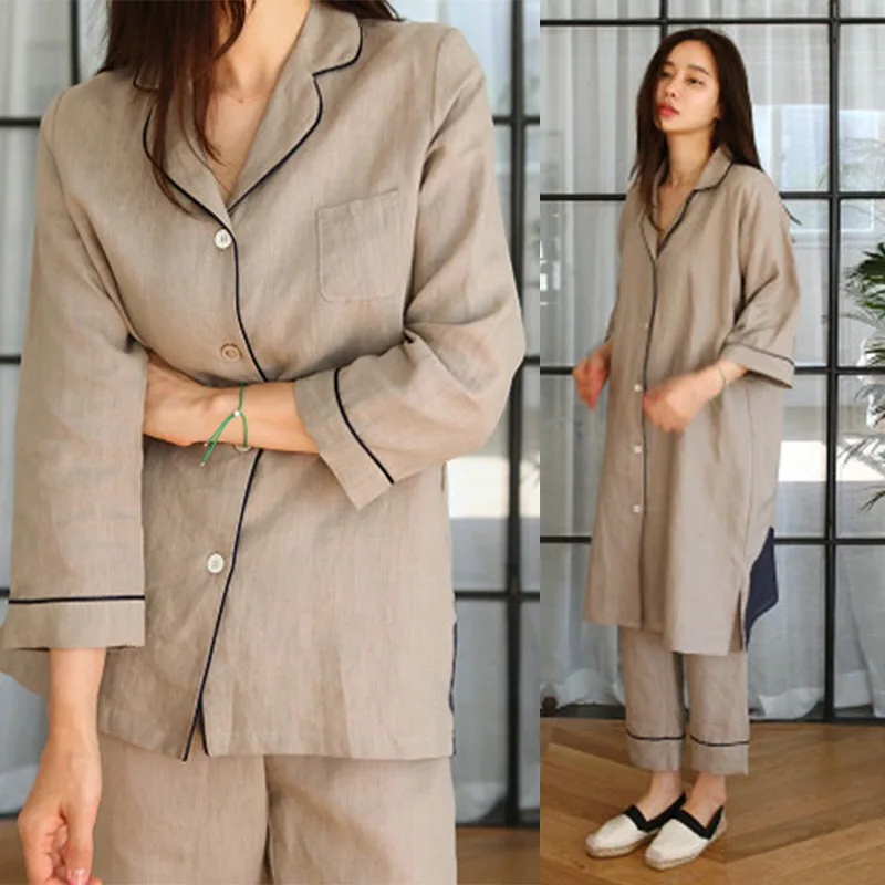 

Korean Cotton and linen new pajamas set women's cotton simple fashion cotton long-sleeved nine-point long Ladies' home service
