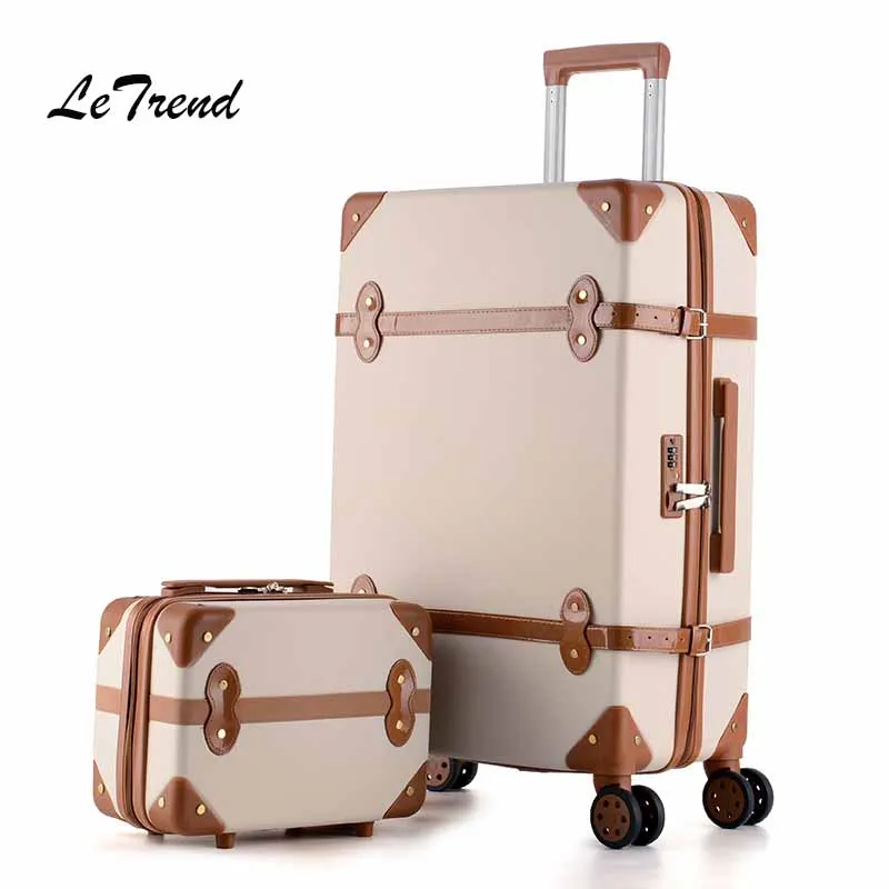 Beige Letrend Для женщин чемоданы колеса тележки подвижного Чемодан набор Spinner старинные Дорожная сумка студент нести на Чемодан пароль Hardside - Цвет: Beige