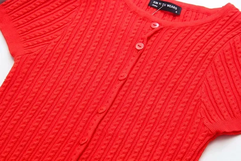 Women O Neck Twisted Knit Cardigan Short Sleeve |