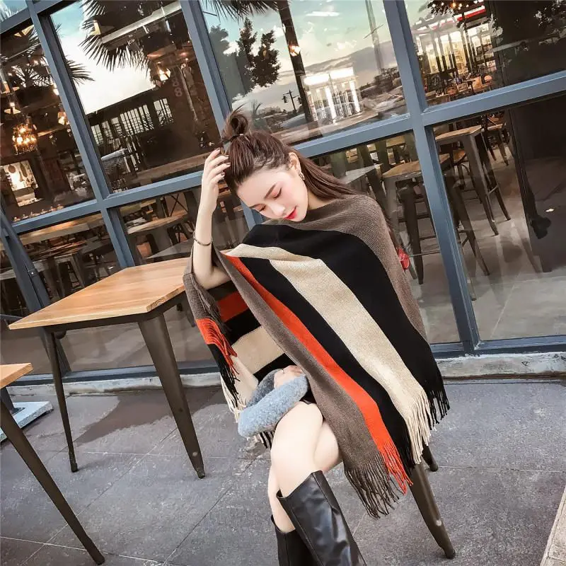 Irregular Cape Fashion Tassel Cloak Women Big size Pullovers 2020 New Knitted Shawl Sweater Loose Striped Knit Jacket f340 |