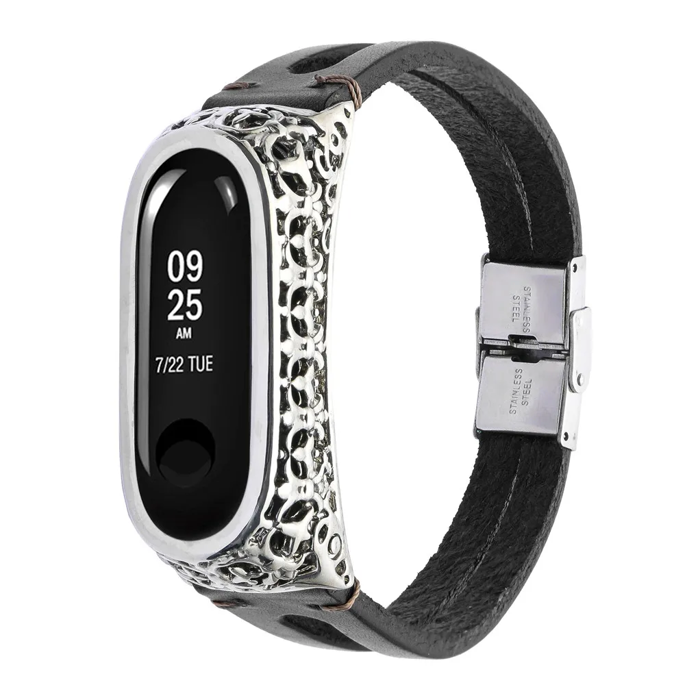 Кожаный браслет на замену + металлический чехол для Xiaomi Mi Band 3 Классический мягкий