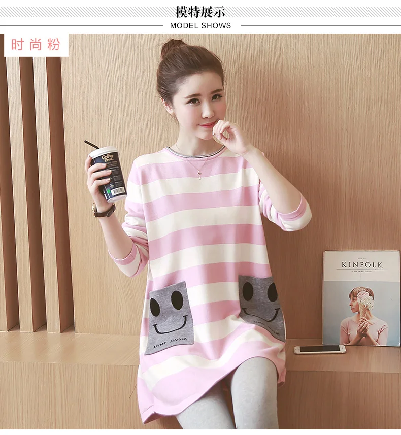 

Pregnant Women Summer Sleep smiling print Striped Dress Breastfeeding and Nursing Women's Clothing Casual pocket Dress