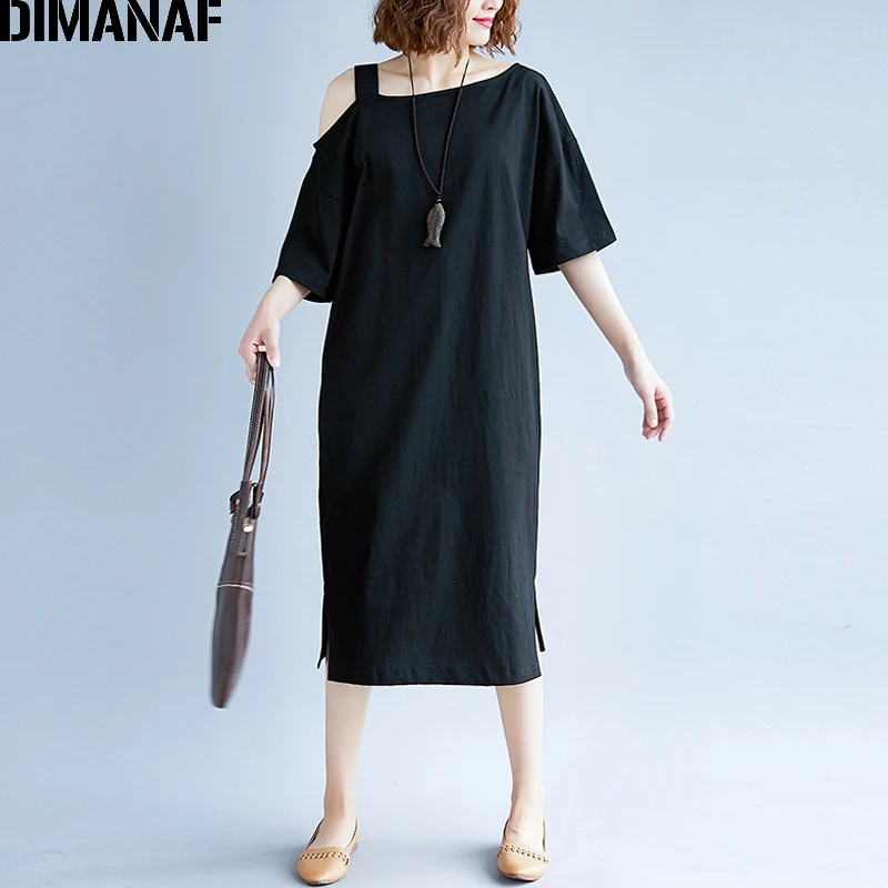 Женское длинное платье из хлопка DIMANAF однотонное черное с открытыми