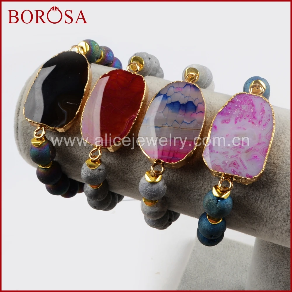 

BOROSA Handmade Drusy Beaded Bracelets,Gold Color Rainbow Fire Onyx Stone Bracelet With 10mm Titanium Druzy Stone Beads G1432