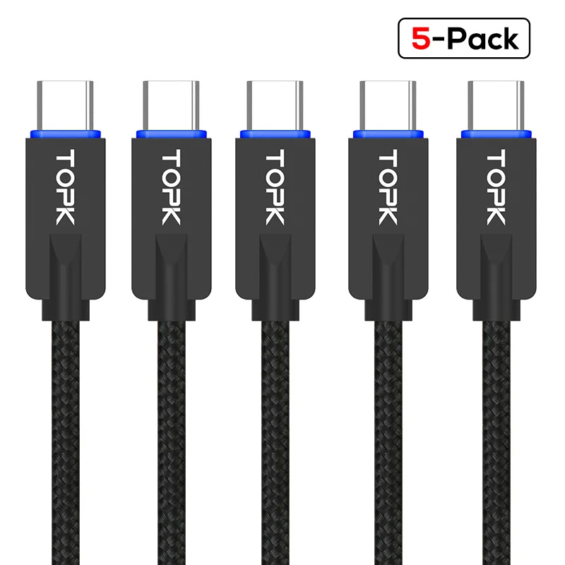 TOPK [5-Pack] светодиодный светильник usb type C кабель из цинкового сплава для синхронизации данных type-C USB кабель для samsung Galaxy S9 Plus Xiaomi Mi6 USB C порт - Цвет: Черный