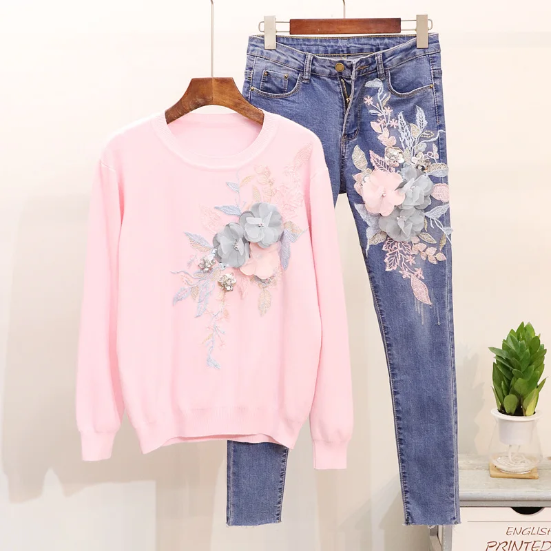 Весенне осенний Женский трикотажный свитер с вышитыми пайетками и цветами +