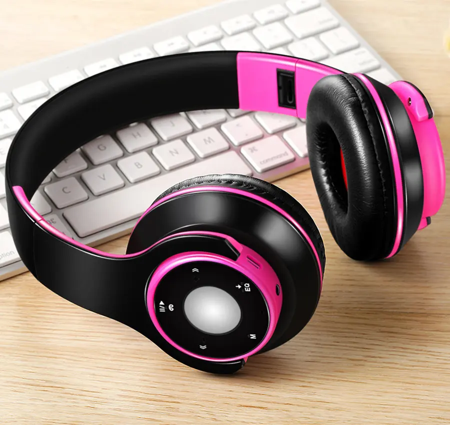 Беспроводные наушники, Bluetooth наушники, Красочные Стерео Аудио гарнитура для ПК, мобильного телефона, поддержка sd-карты с микрофоном, воспроизведение 7 часов - Цвет: Black Pink