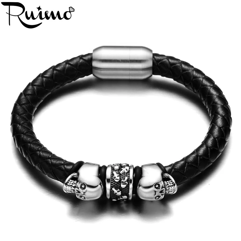 Мужской браслет из натуральной кожи RUIMO черный нержавеющей стали с черепом