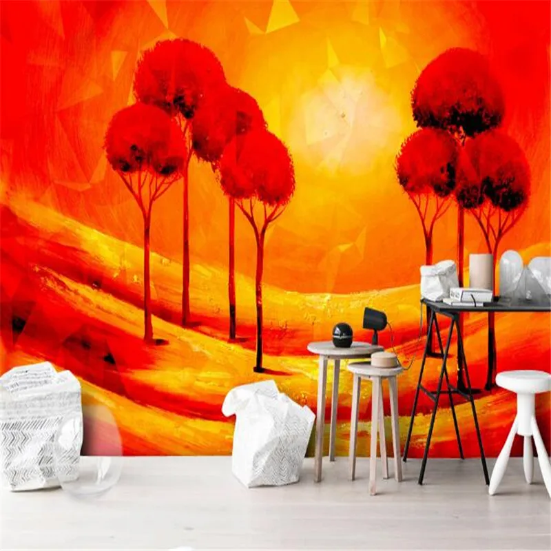 

Modern Non-Woven Wallpapers Hand Painting Sunset Wall Murals for Living Room Home Decor Custom Nature Large Wall Papers Trees