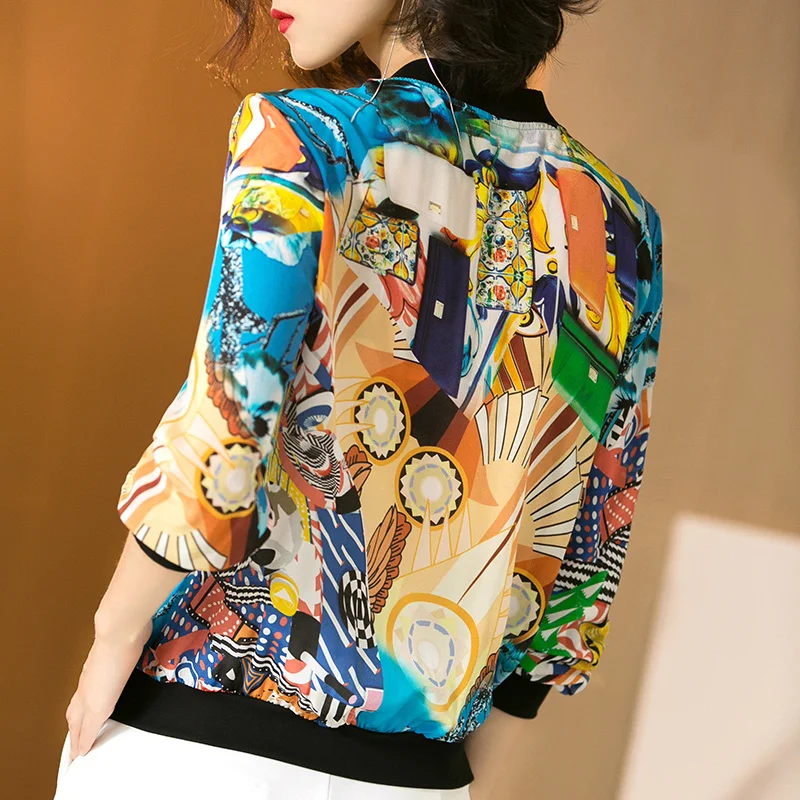 2018 Summer New Women Short Silk Printing Jacket Ladies O-Neck Casual Outwear Coat Tops Baseball Shirt Autumn A27 | Женская одежда