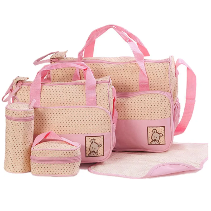 

5PCS/suit Dot Diaper Bag 8colors Multifunctional Waterproof stroller accessory Infant Stroller Baby Bag Tote Maternity Handbag