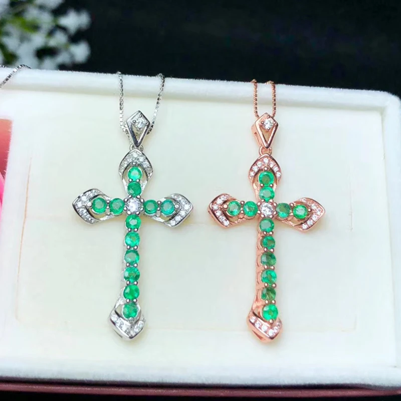 Vintage Style Silver Cross Pendant for Woman 12 Pcs Natural Emerald 925 Jewelry Birthday Gift | Украшения и аксессуары