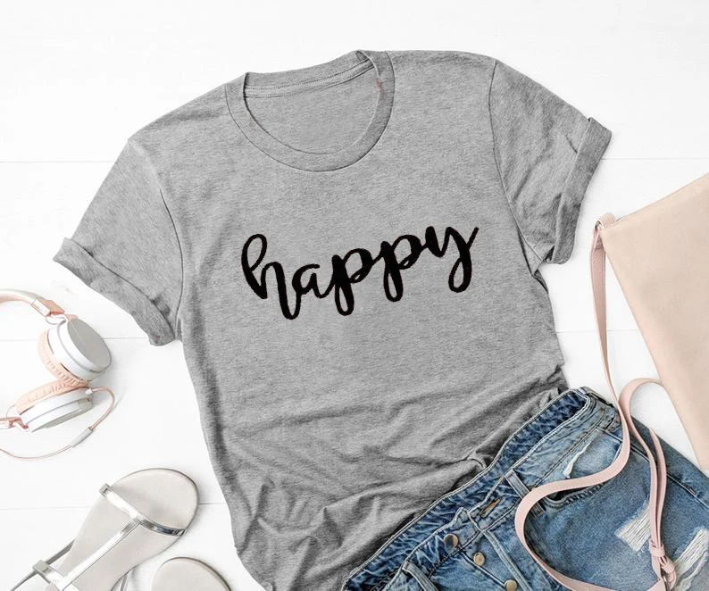 Женская хлопковая футболка с коротким рукавом Happy модная забавная короткими