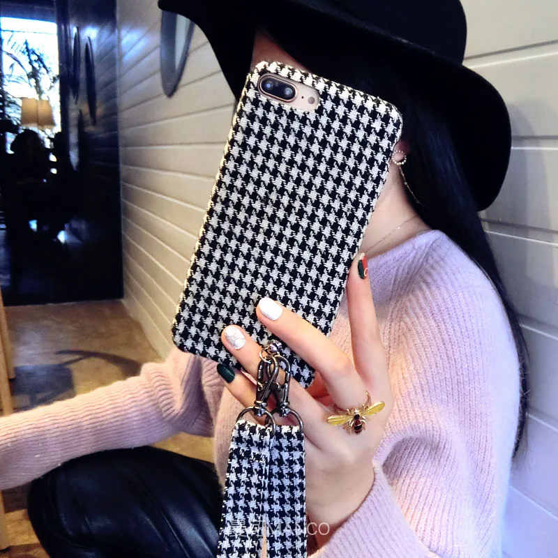 Vintage Plaid Phone Case For iPhone X XS Grid Cloth Cases for 6 6s 7 8 Plus MAX XR Fabric Plush Soft Cover with strap |