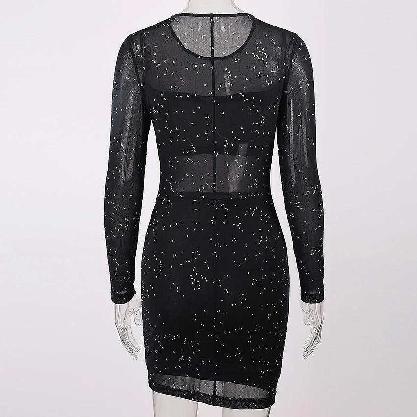 Модное блестящее Сетчатое сексуальное прозрачное платье Клубное в горошек с