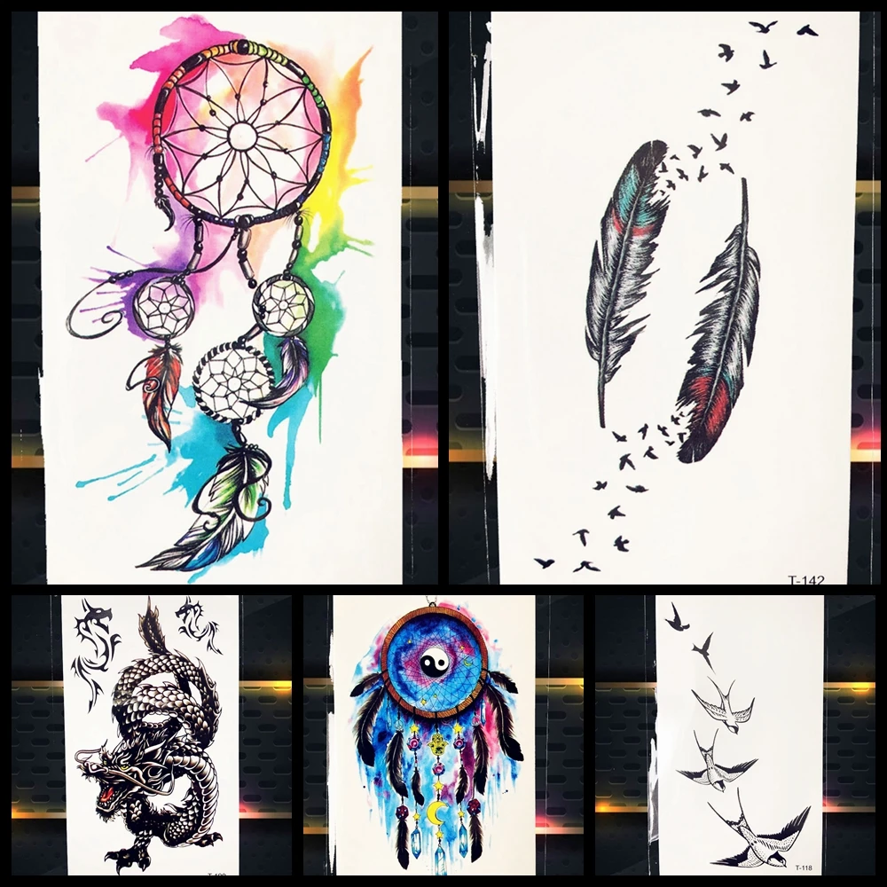 

Watercolor Dreamcatcher Feather Wind Temporary Tattoo Stickers Women Girl Neck Body Waterproof Tattoos Self Adhesive Tatto Birds