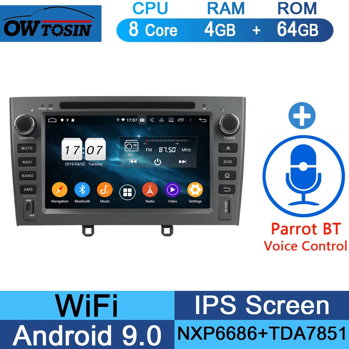 64G Parrot BT " ips Восьмиядерный 4 Гб ОЗУ+ 64 Гб ПЗУ Android 9,0 автомобильный DVD радио gps для peugeot 408 308 308SW 2007-2011 DSP CarPlay Parrot BT стерео - Цвет: 64G Parrot BT