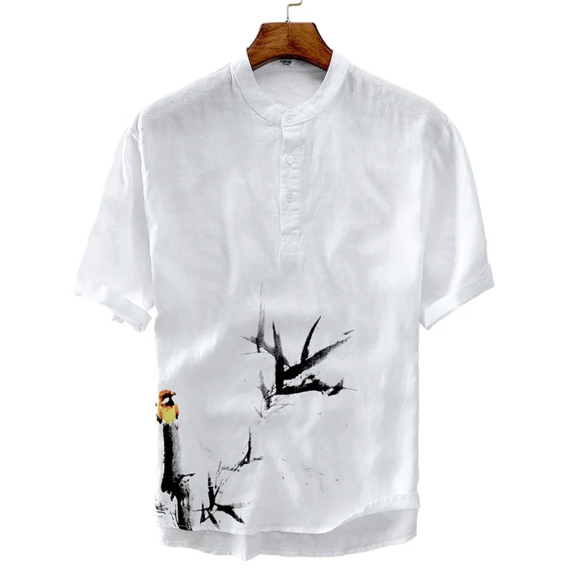 

Рубашка мужская с коротким рукавом, модная повседневная льняная сорочка в китайском и итальянском стиле, удобная блуза, белый цвет, на лето