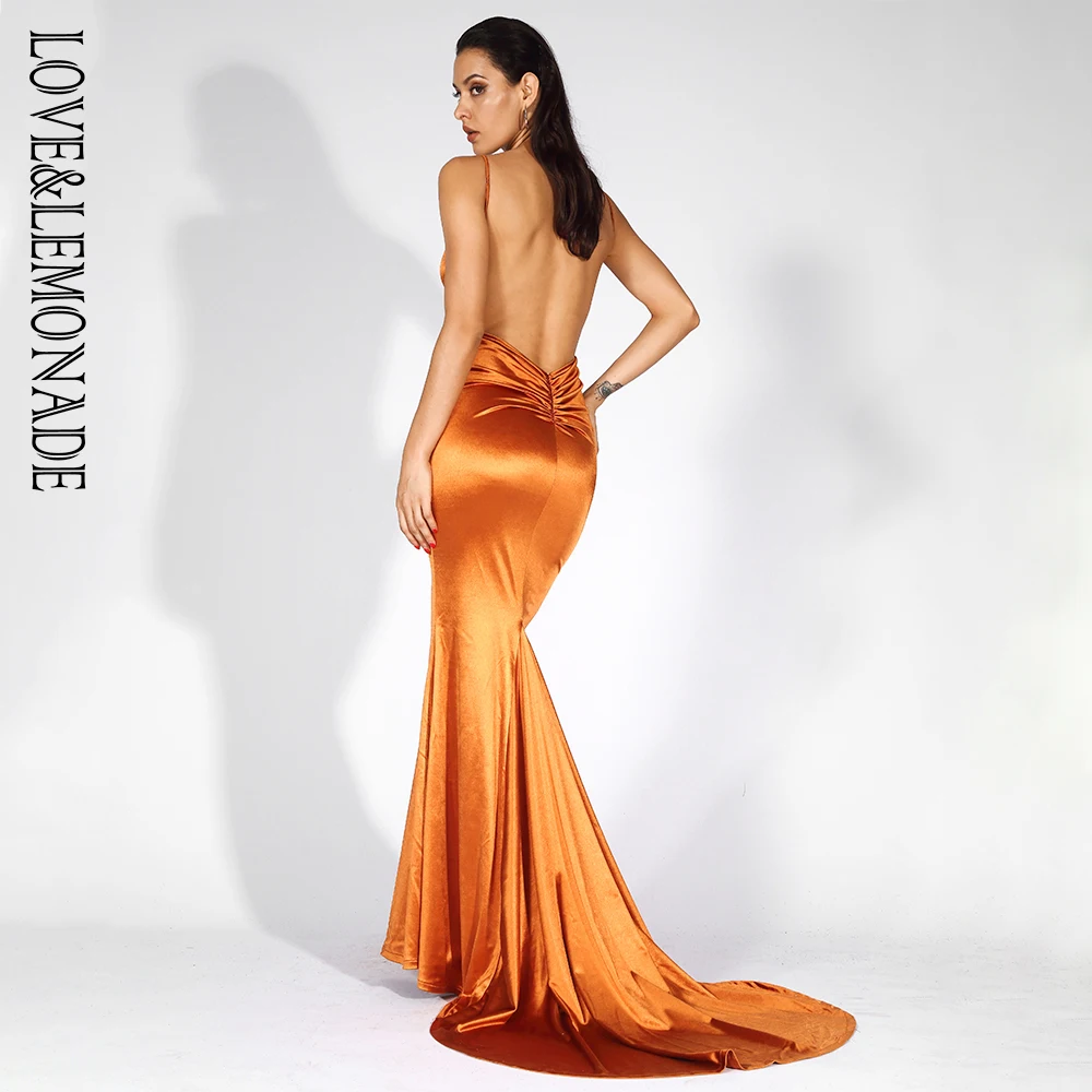 Оранжевое тонкое длинное платье LOVE &amp LEMONADE с глубоким V-образным вырезом и