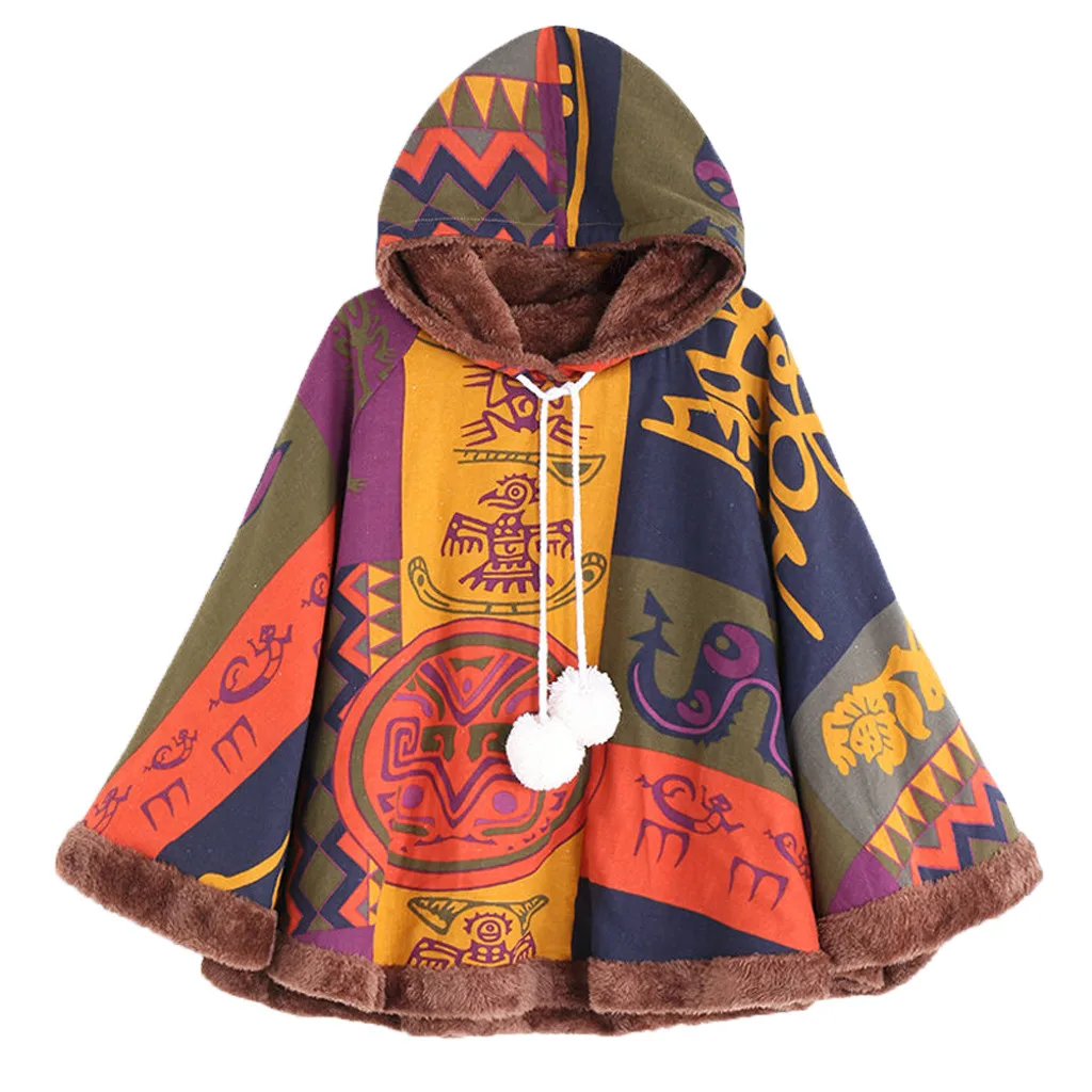 Цвет: желтый FREE OSTRICH Winter Coat Women Warm Vintage Print Ethnic Jacket Femmes Hooded Outerwear Drawstring Pom Poncho Coat - Цвет: Цвет: желтый
