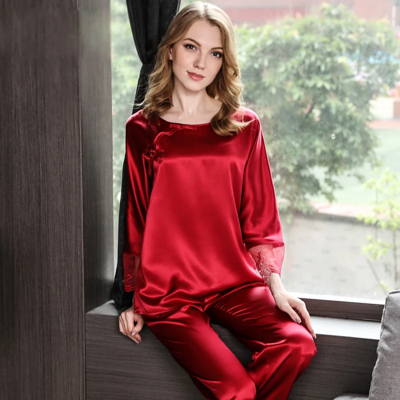 100% natural silk Retro pyjama set women fashion sexy pajama sets long sleeve elegance pijama mujer spring homewear femme