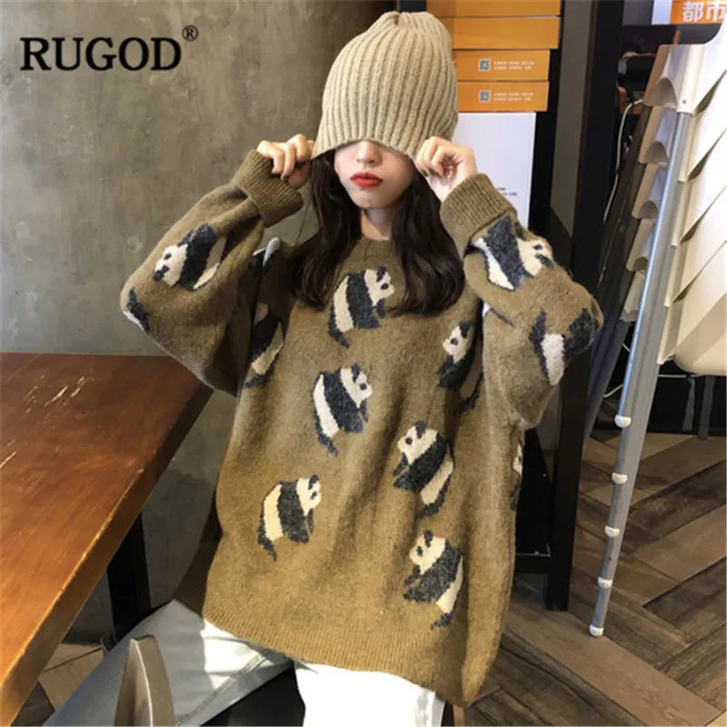 RUGOD 2019 Autumn Winter Fashion Panda Women O-neck Long Sleeve Sweater Ladies Cartoon Prints Pullovers sweter damski | Женская одежда