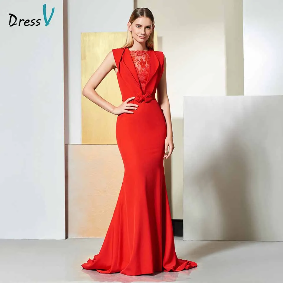 

Dressv elegant red evening dress sleeveless bowknot lace mermaid court train wedding party formal dress trumpet evening dresses